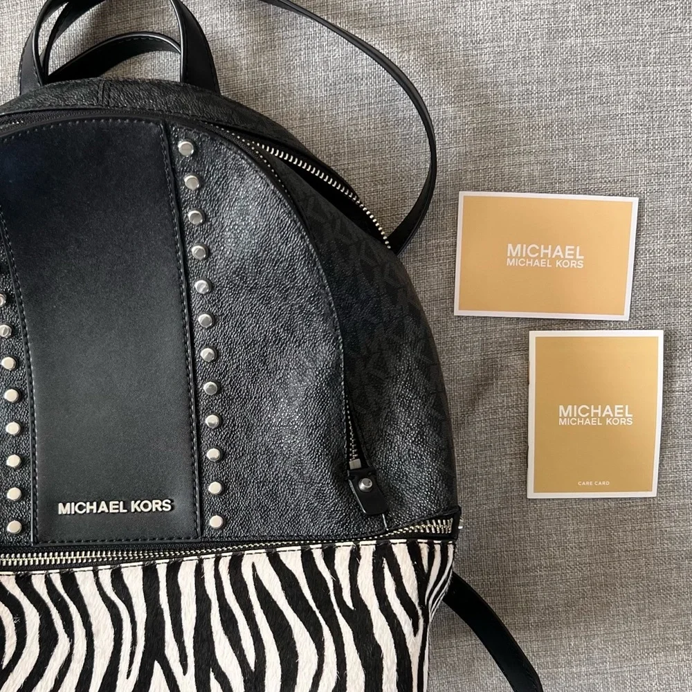 Michael Kors Rhea Medium Studded Logo and Zebra Backpack NWOT